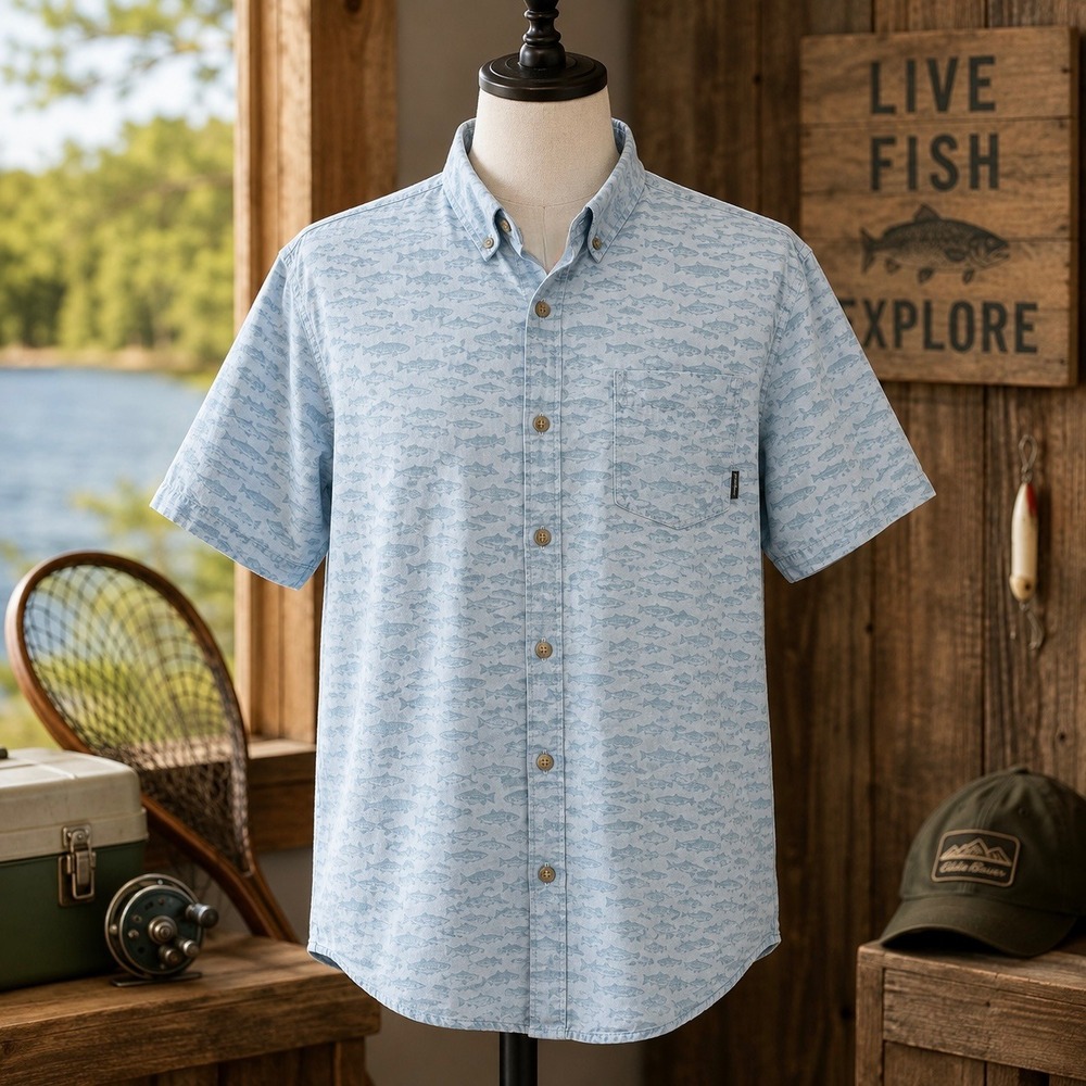 Eddie Bauer Fish Print Shirt Mens XL Blue Short Sleeve Button Down Fishing